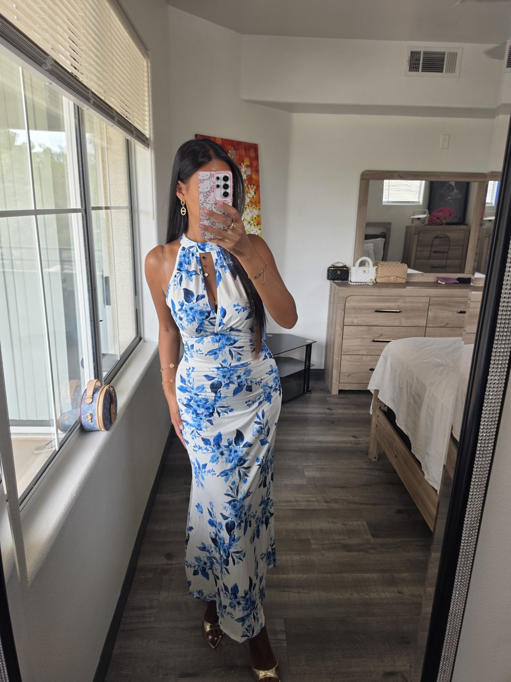 White & Blue Floral Halter Maxi Dress - Women